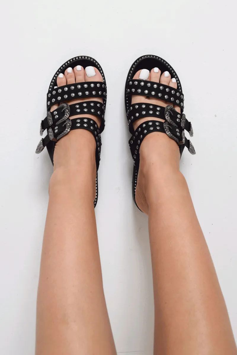 Black Western Buckle Studded Sandals - Naraly