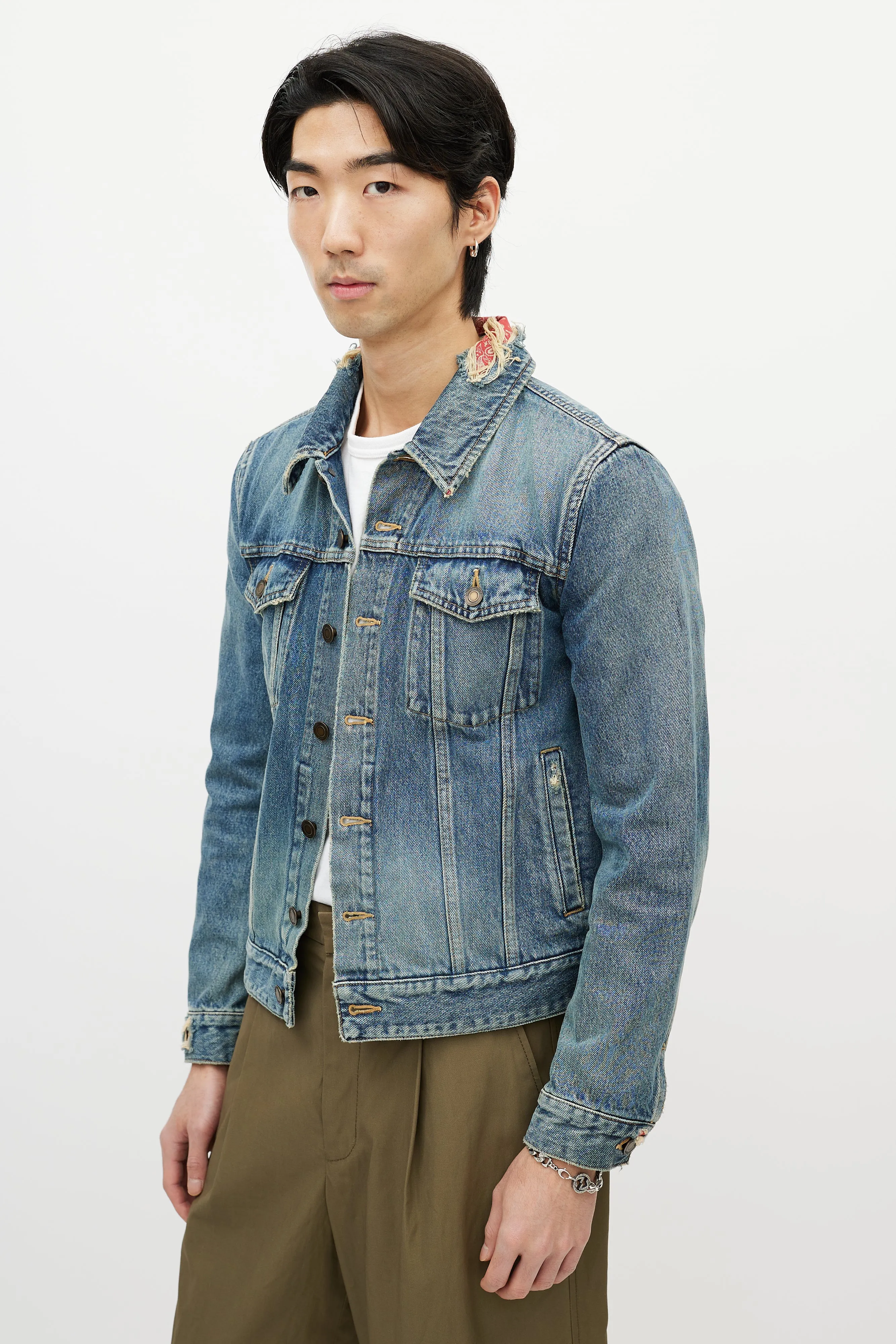 Blue & Red Bandana Distressed Denim Jacket