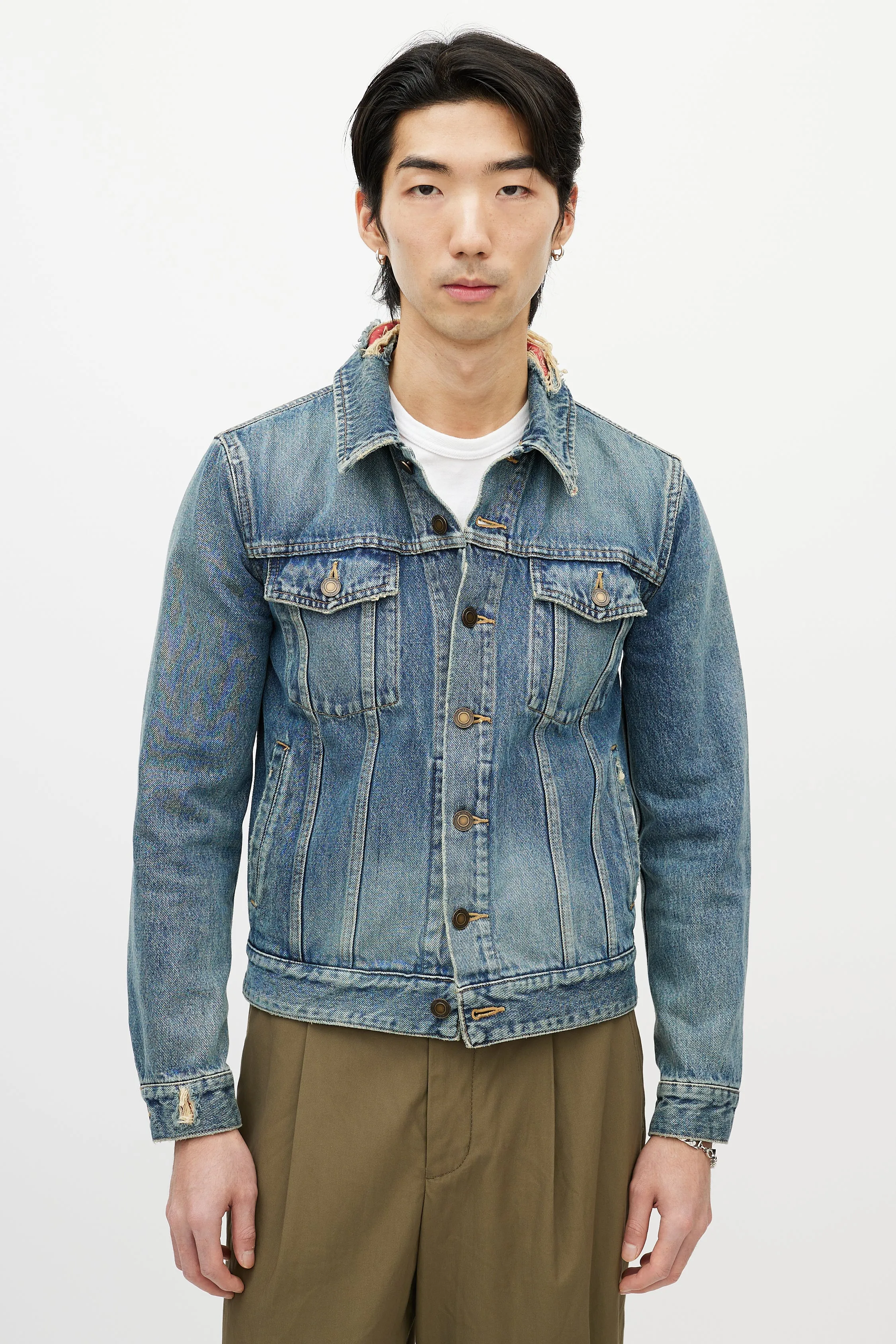Blue & Red Bandana Distressed Denim Jacket
