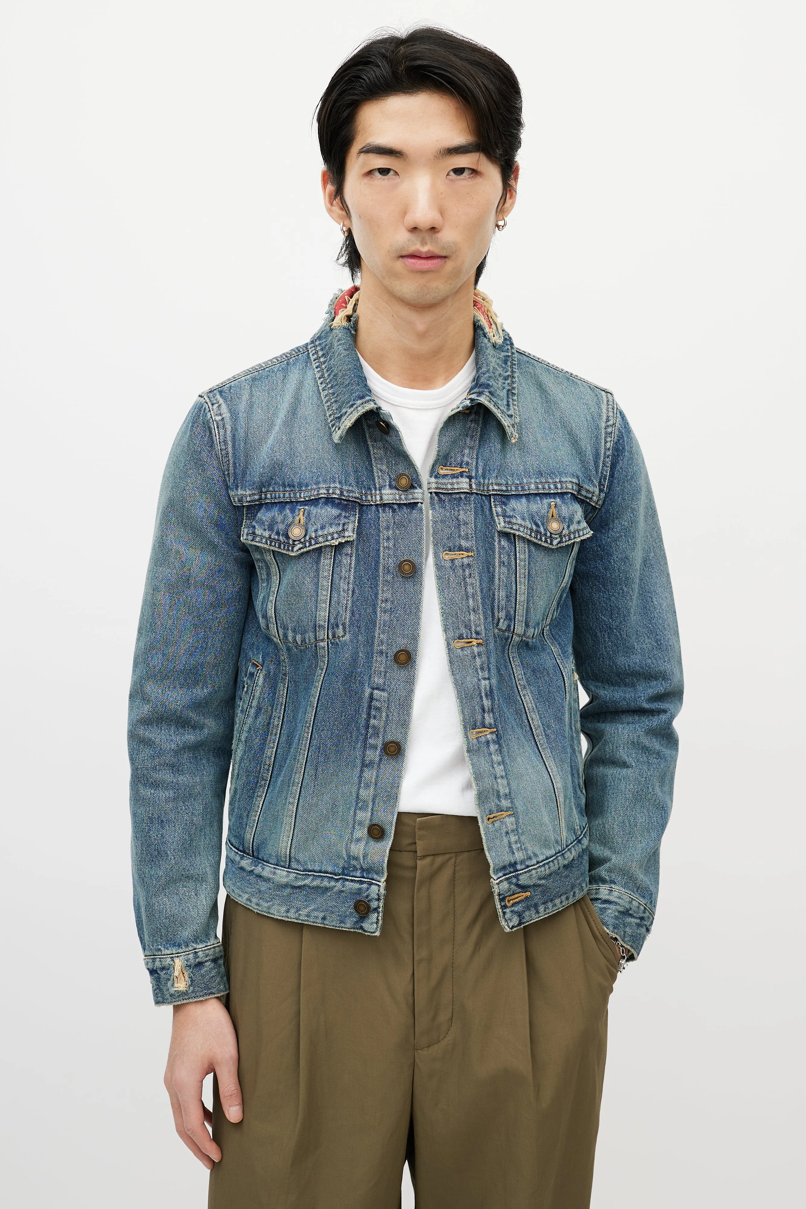 Blue & Red Bandana Distressed Denim Jacket