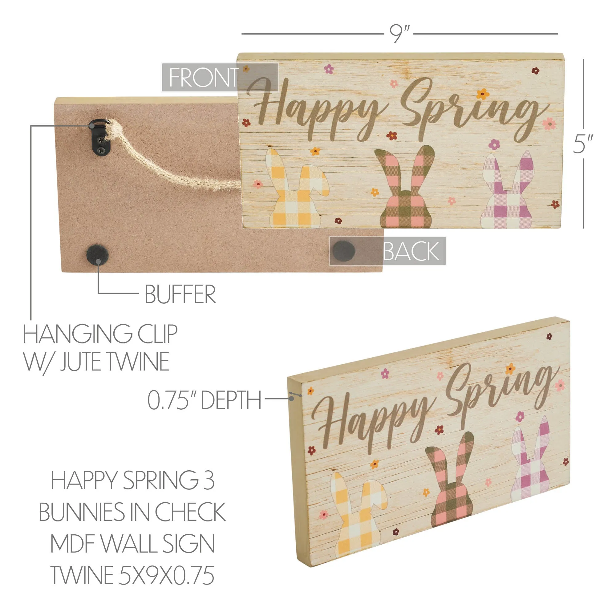 Bunny Hop Happy Spring 3 Bunnies In Check MDF Wall Sign w/ Twine 5x9x0.75