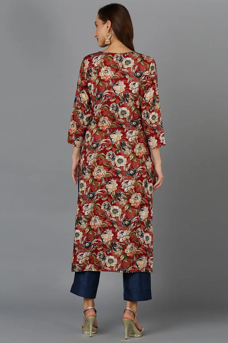 Cotton Blend Maroon Floral Printed Straight Kurta