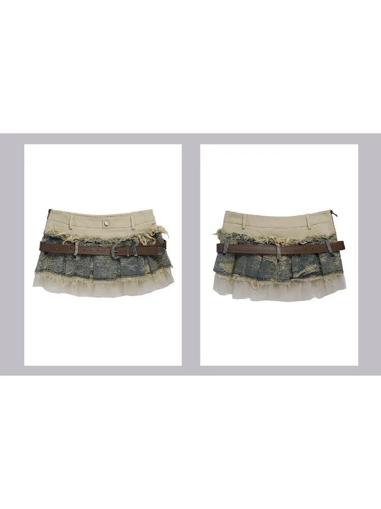 Denim Mesh Reconstructed Pleated Skirt【s0000009370】
