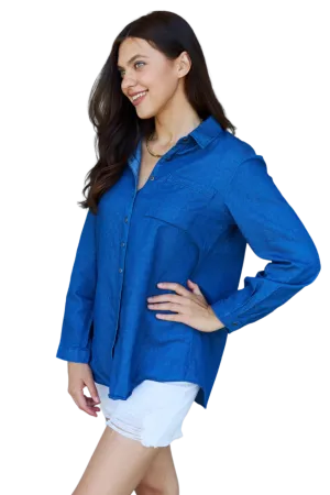 Doublju Blue Jean Baby Denim Button Down Shirt Top in Dark Blue