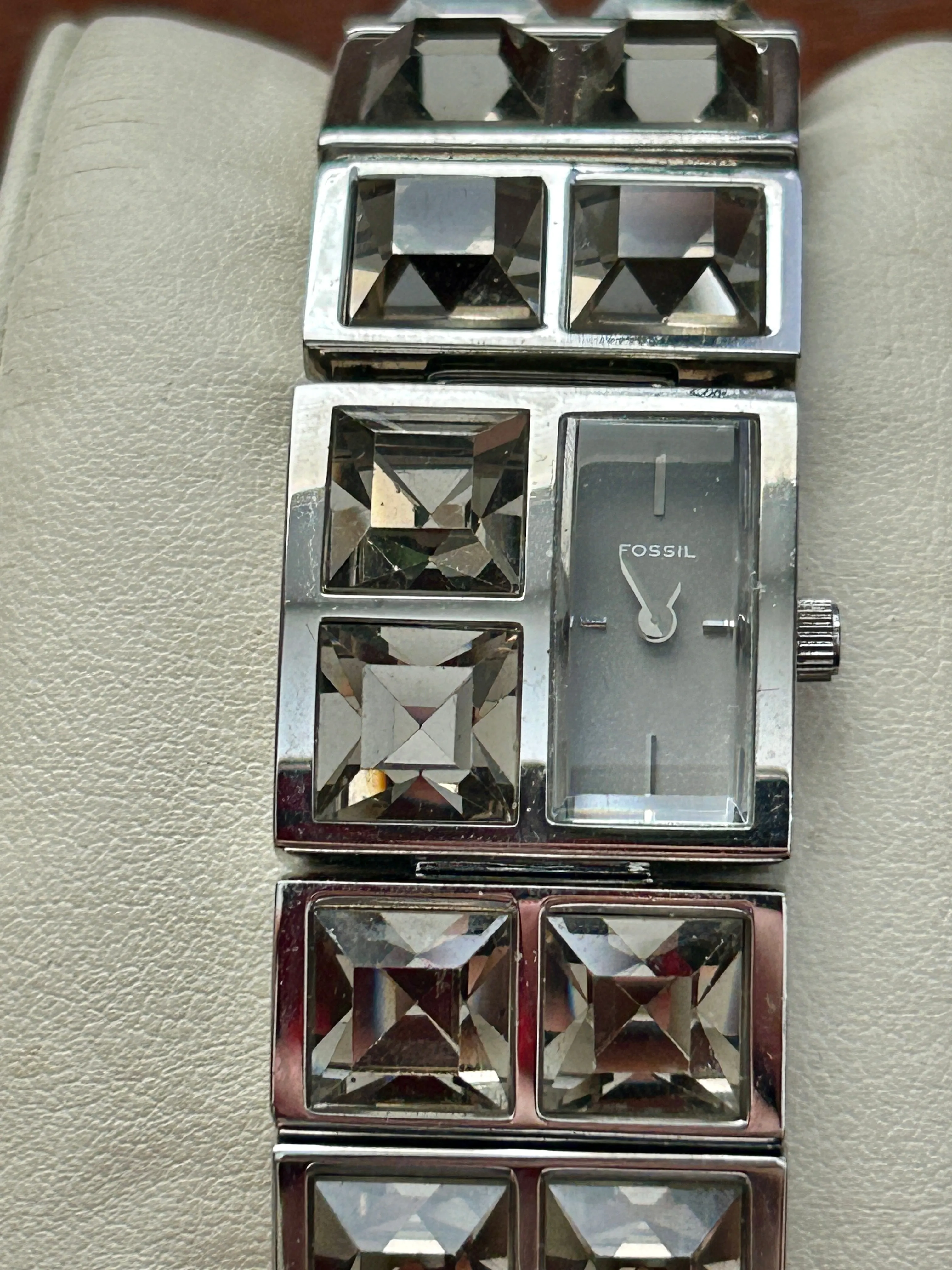 Fossil F2 Silver Tone Wide Square Rhinestone Champagne Gray Ladies Wristwatch