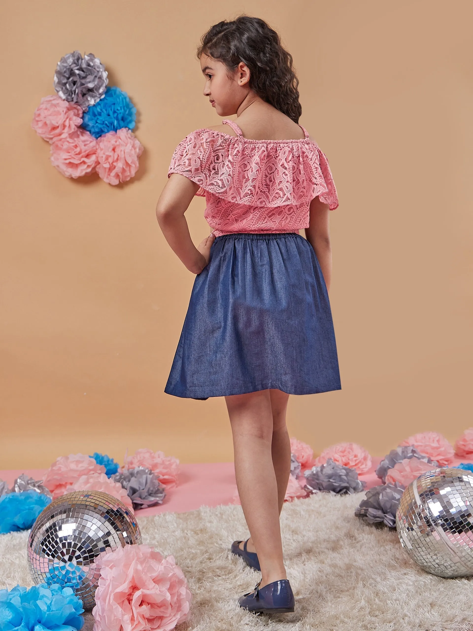 Girls Self Design Off-Shoulder Blousan Top With Skirt