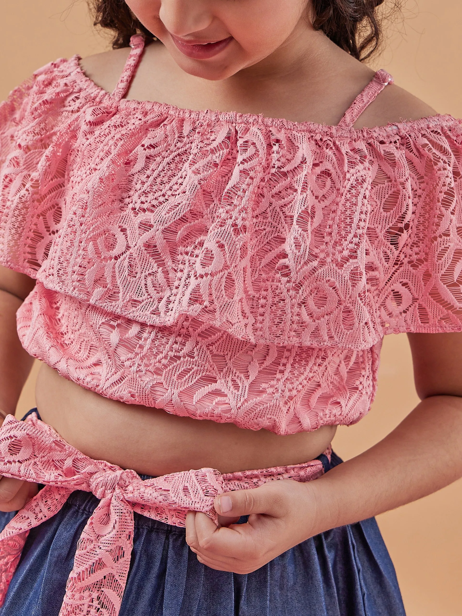 Girls Self Design Off-Shoulder Blousan Top With Skirt