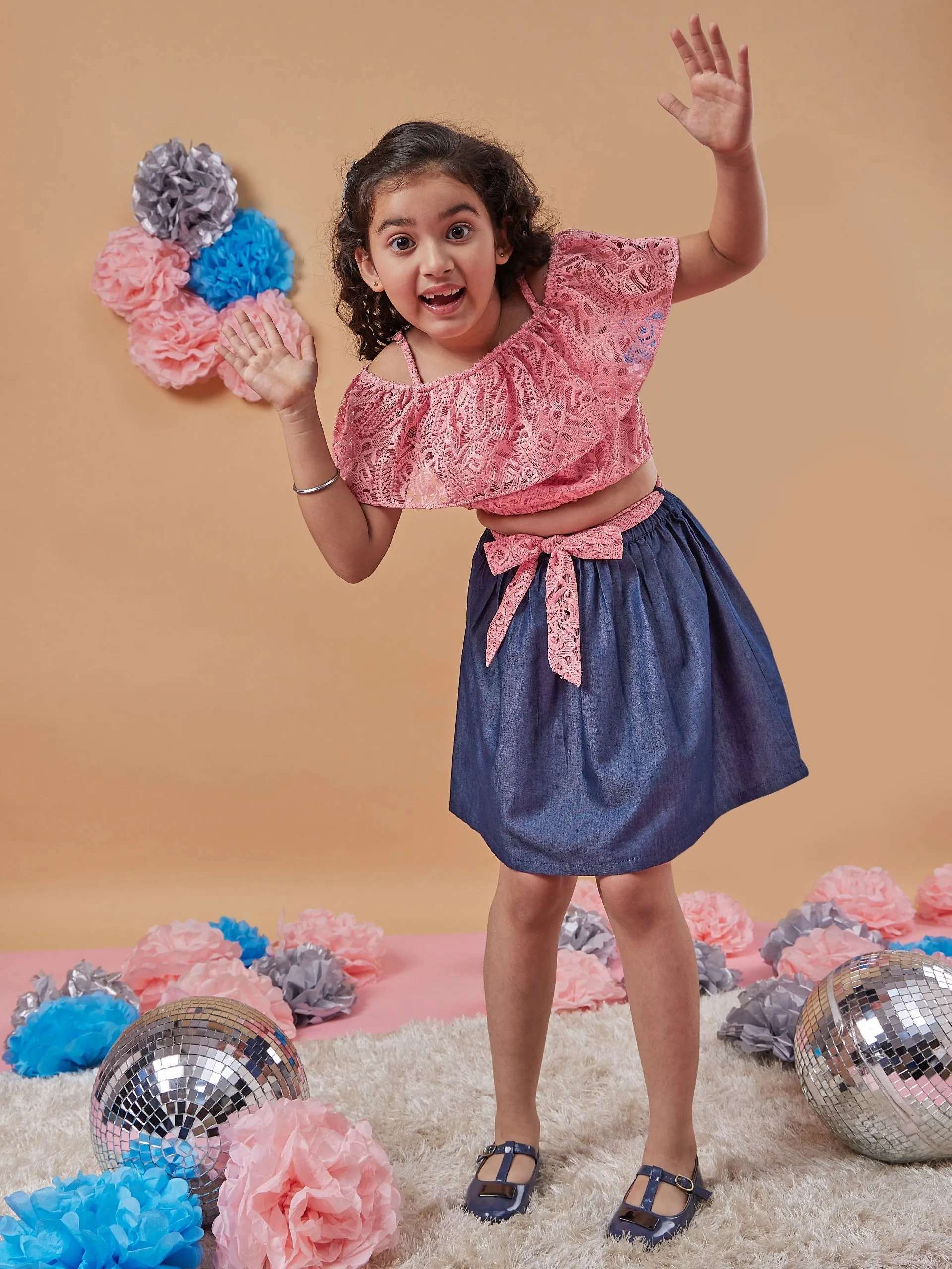 Girls Self Design Off-Shoulder Blousan Top With Skirt