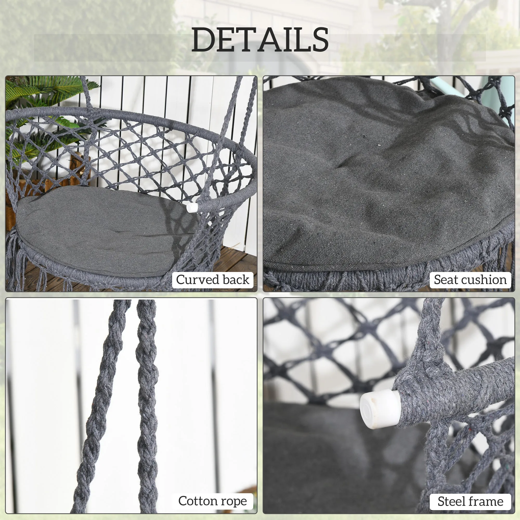 Hanging Hammock Chair Cotton Rope Porch Swing with Metal Frame and Cushion, Large Macrame Seat for Patio, Bedroom, Living Room, Grey