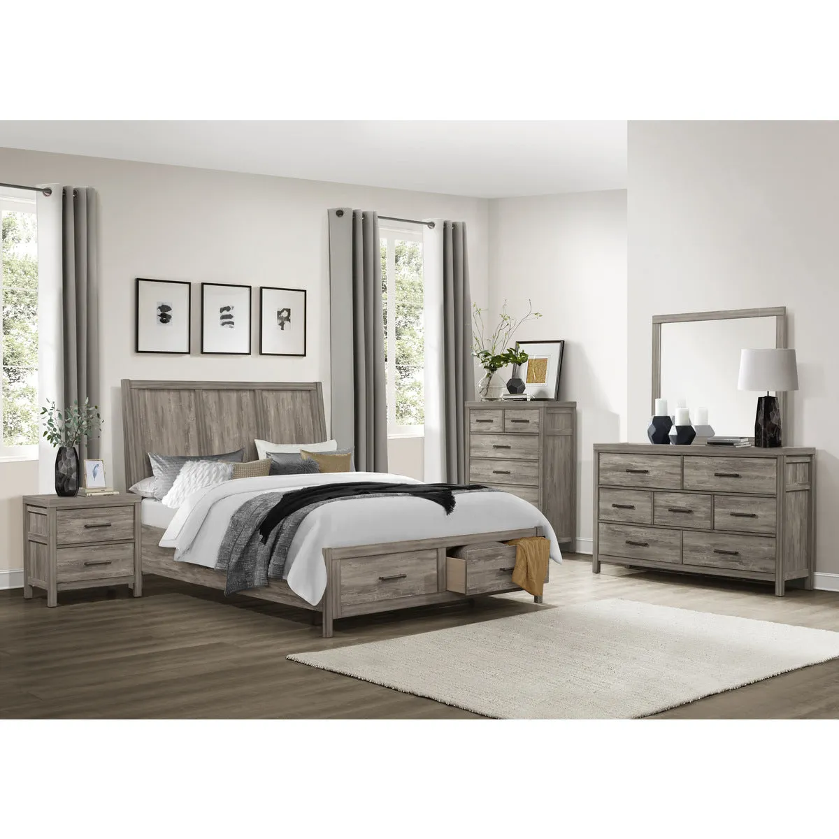 King Platform Bed with Footboard Storage - Weathered Gray Finish