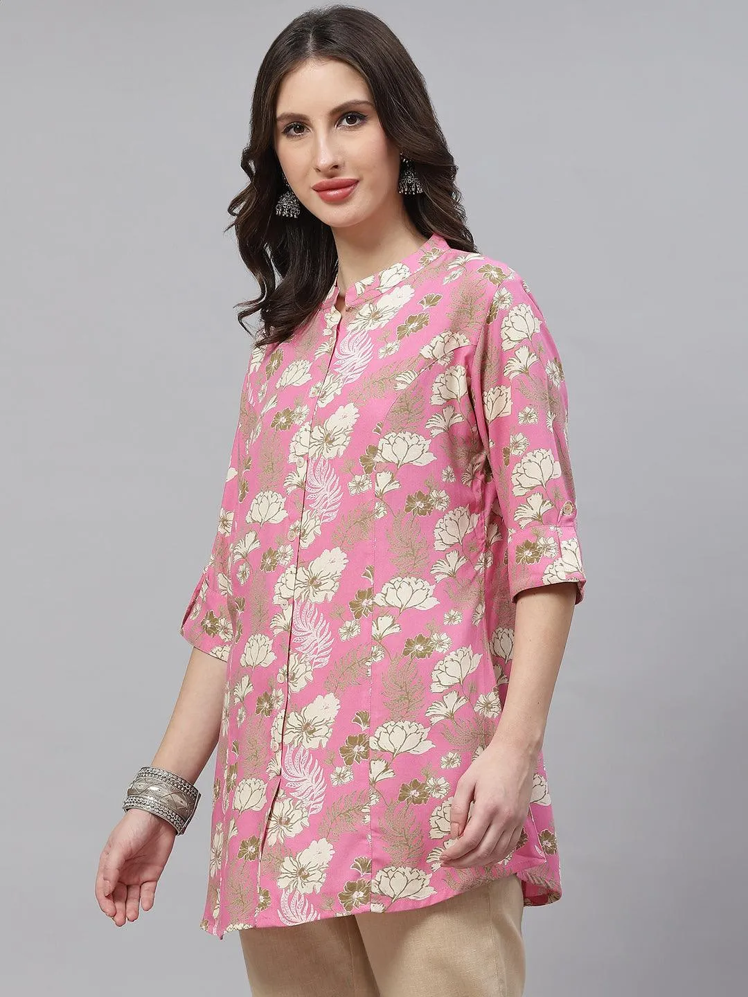 Light Pink Floral Rayon A-Line Top