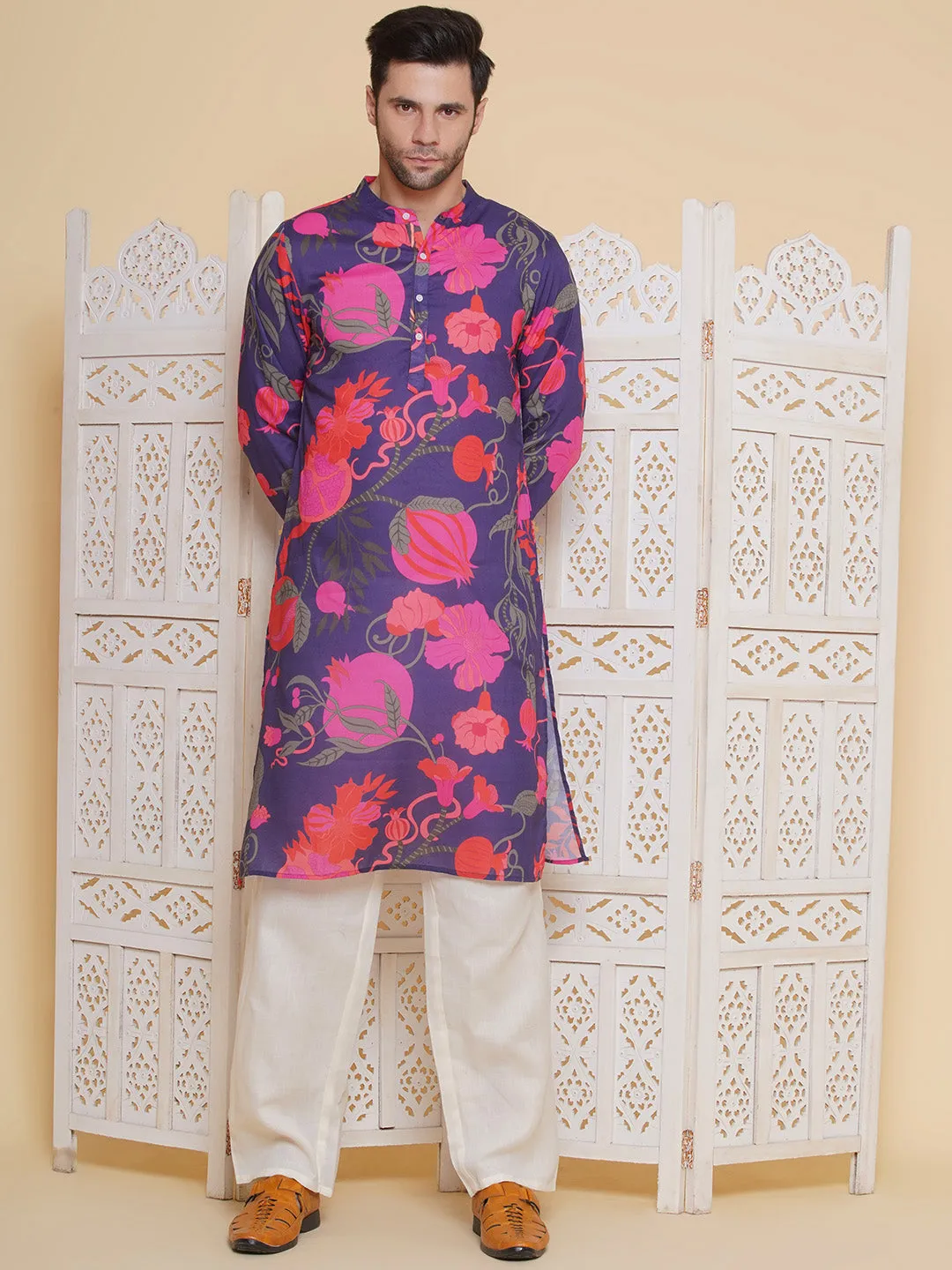 Men Purple & Pink Digital Floral Print Festive Kurta Pyjamas