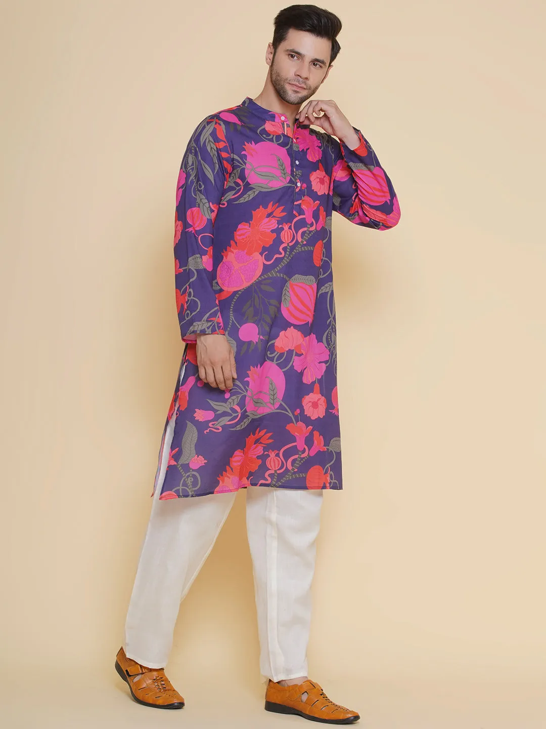 Men Purple & Pink Digital Floral Print Festive Kurta Pyjamas