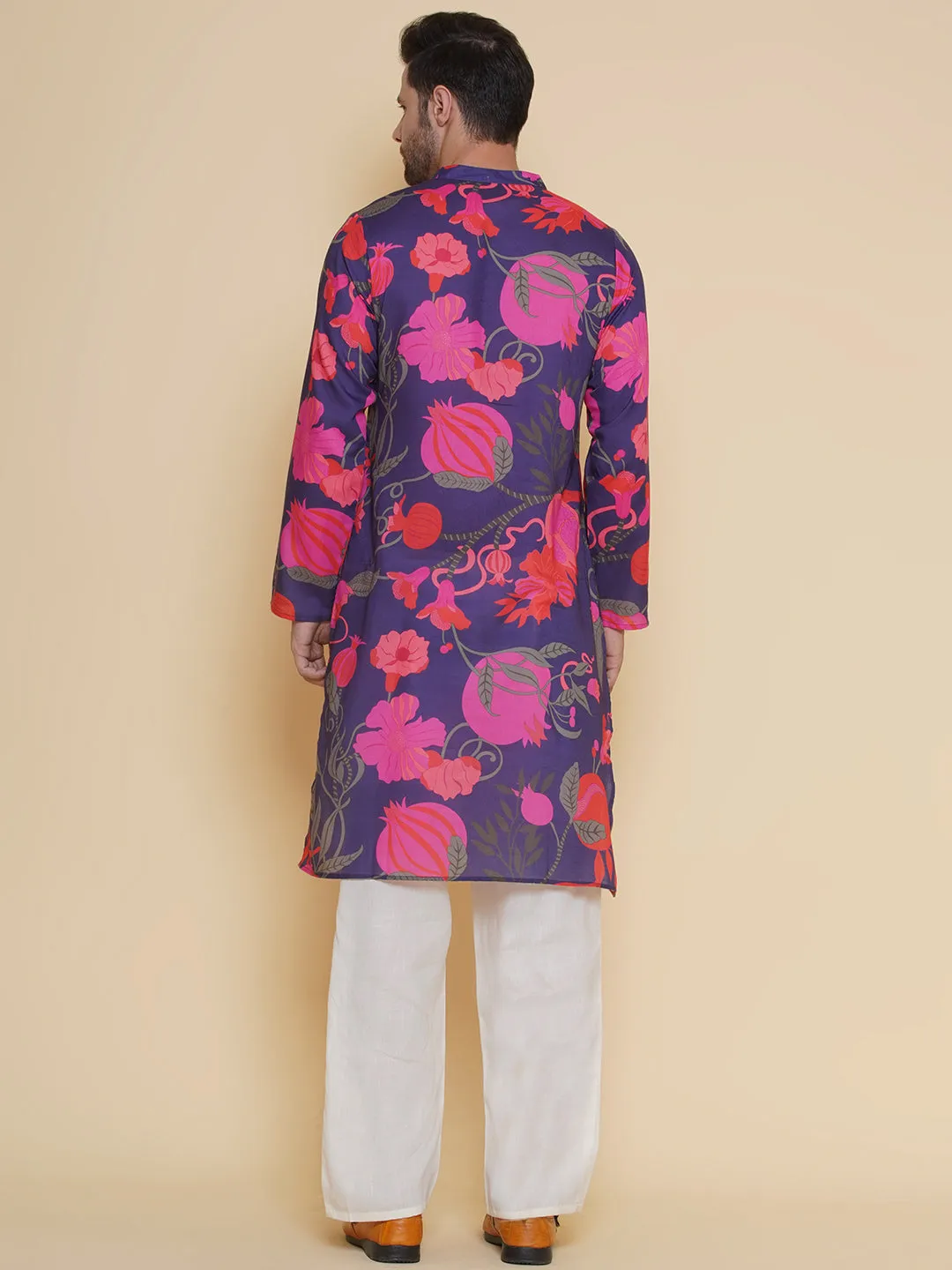 Men Purple & Pink Digital Floral Print Festive Kurta Pyjamas