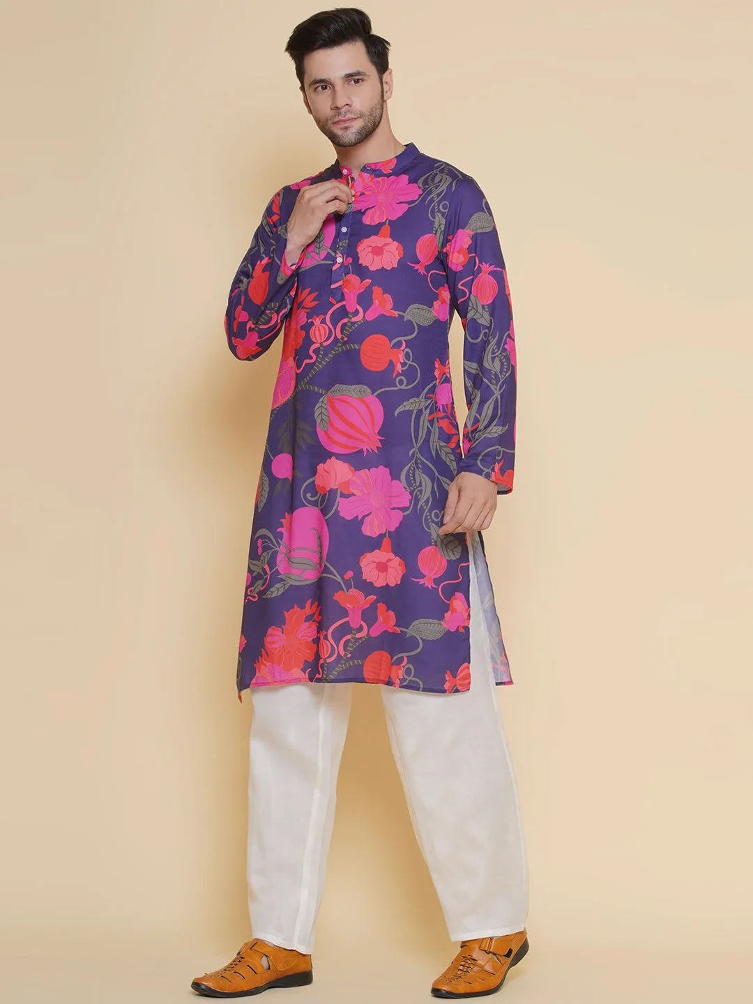 Men Purple & Pink Digital Floral Print Festive Kurta Pyjamas
