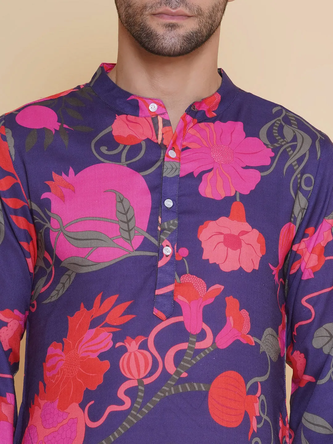 Men Purple & Pink Digital Floral Print Festive Kurta Pyjamas