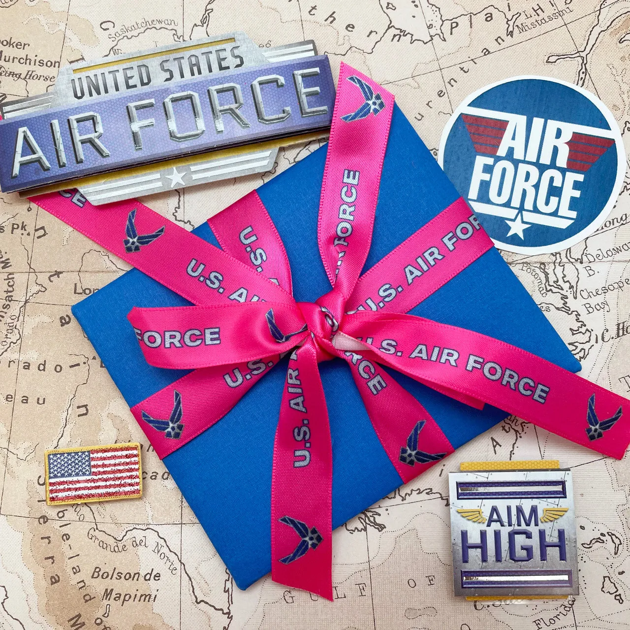 Pink Air Force ribbon honoring women pilots printed on 5/8" white satin