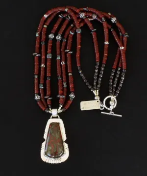 Poppy Hills Jasper and Sterling Silver Pendant with 3 Strands of Red Jasper Heishi, Smoky Quartz Rounds, Czech Glass, and Sterling Silver Beads and Toggle Clasp