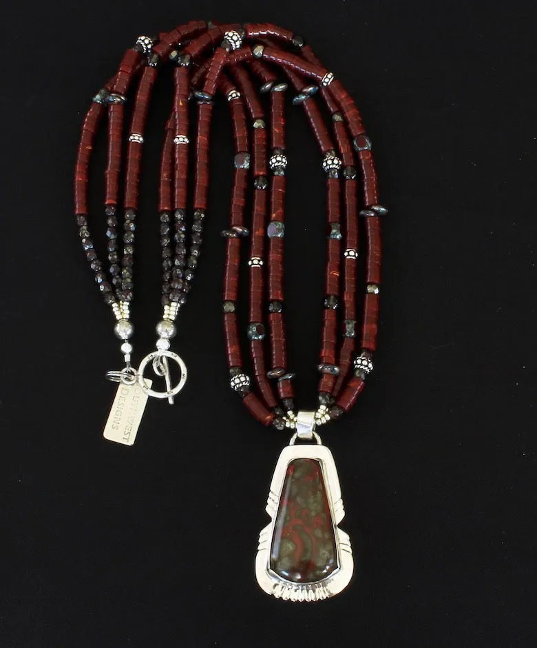 Poppy Hills Jasper and Sterling Silver Pendant with 3 Strands of Red Jasper Heishi, Smoky Quartz Rounds, Czech Glass, and Sterling Silver Beads and Toggle Clasp
