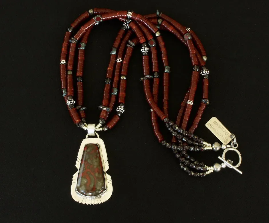 Poppy Hills Jasper and Sterling Silver Pendant with 3 Strands of Red Jasper Heishi, Smoky Quartz Rounds, Czech Glass, and Sterling Silver Beads and Toggle Clasp