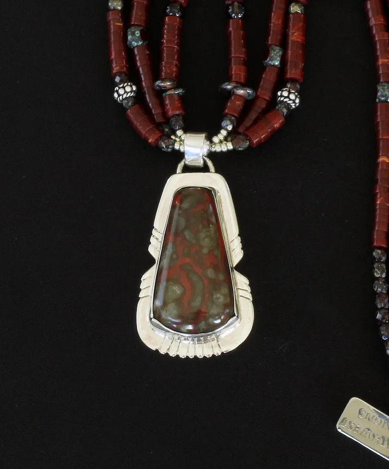 Poppy Hills Jasper and Sterling Silver Pendant with 3 Strands of Red Jasper Heishi, Smoky Quartz Rounds, Czech Glass, and Sterling Silver Beads and Toggle Clasp