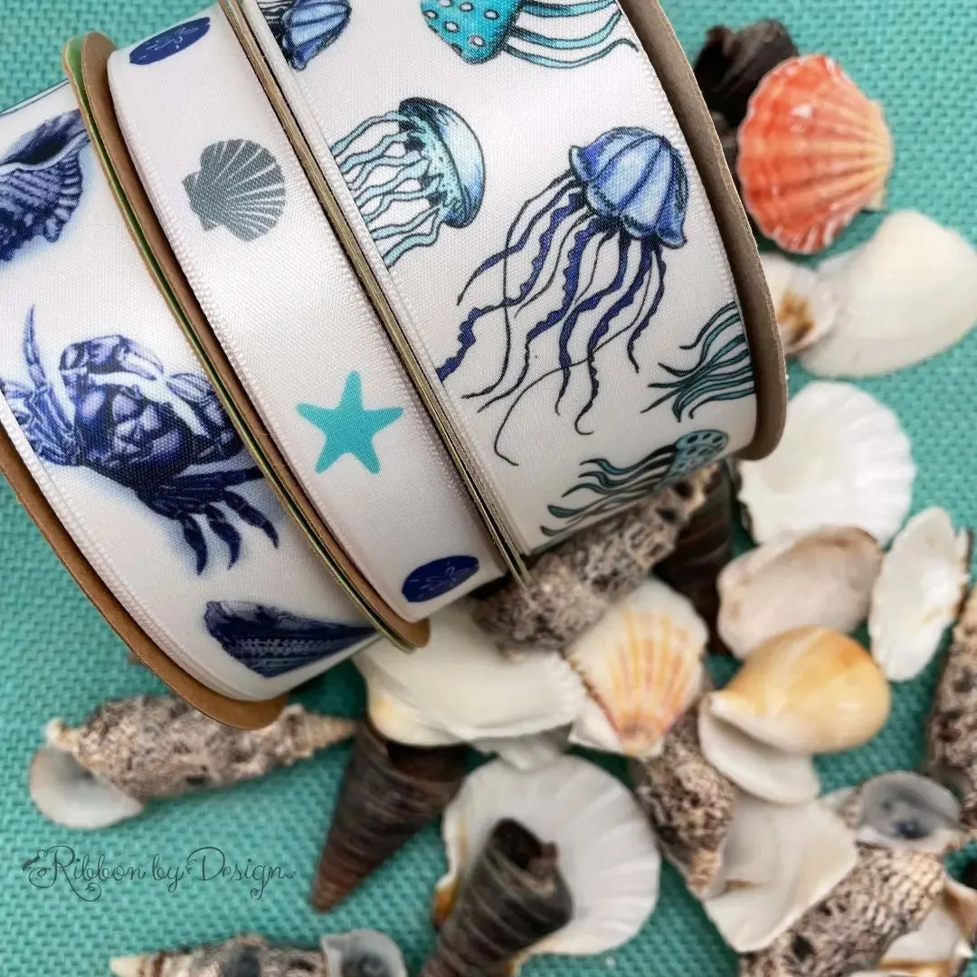 Seashells ribbon with Starfish and Sand Dollars in navy, turquoise and gray printed on 5/8"  white Single Face Satin Ribbon