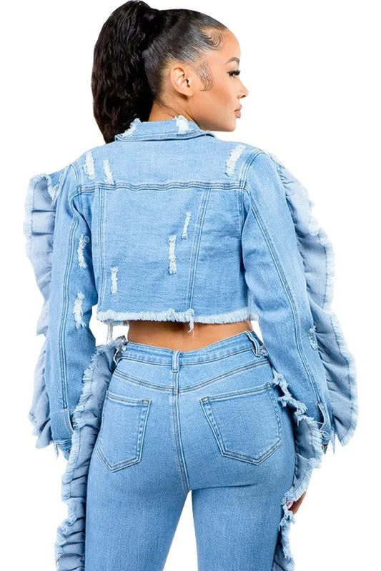 TEEK - EXPOSED RUFFLE ARM FASHION DENIM JACKET