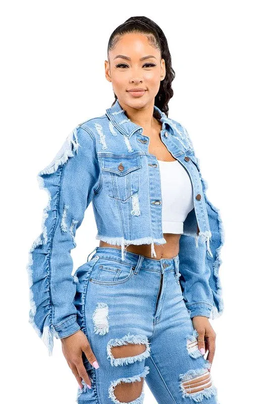 TEEK - EXPOSED RUFFLE ARM FASHION DENIM JACKET