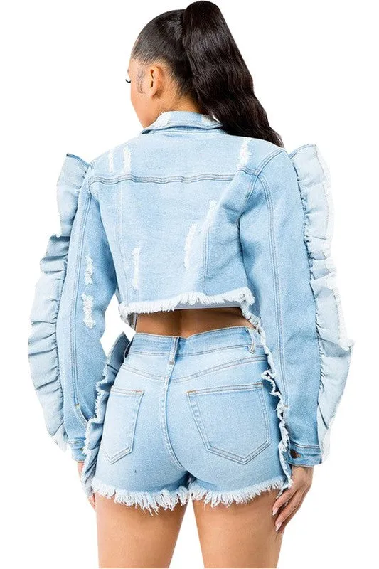 TEEK - EXPOSED RUFFLE ARM FASHION DENIM JACKET