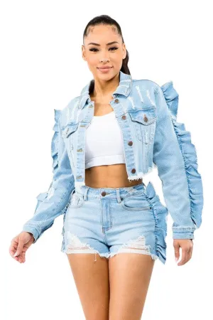 TEEK - EXPOSED RUFFLE ARM FASHION DENIM JACKET