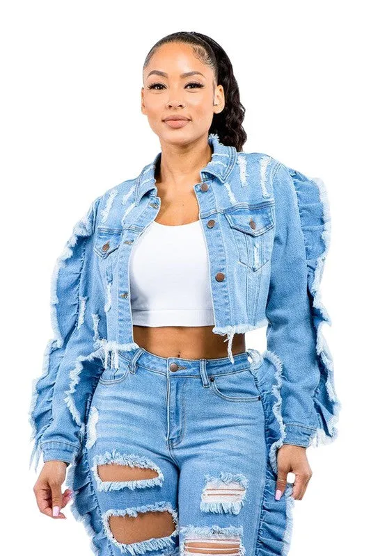 TEEK - EXPOSED RUFFLE ARM FASHION DENIM JACKET