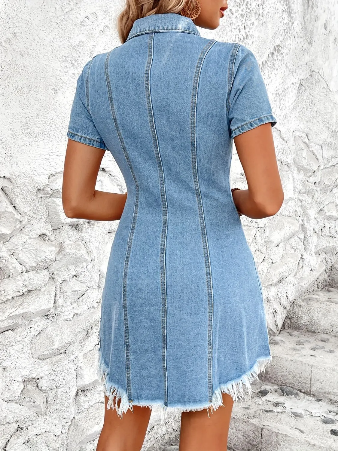 TEEK - Raw Hem Button Up Short Sleeve Light Wash Denim Dress