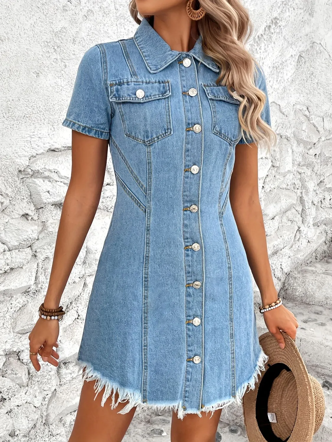 TEEK - Raw Hem Button Up Short Sleeve Light Wash Denim Dress