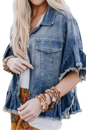 TEEK - Ruffled Raw Hem Half Sleeve Denim Top