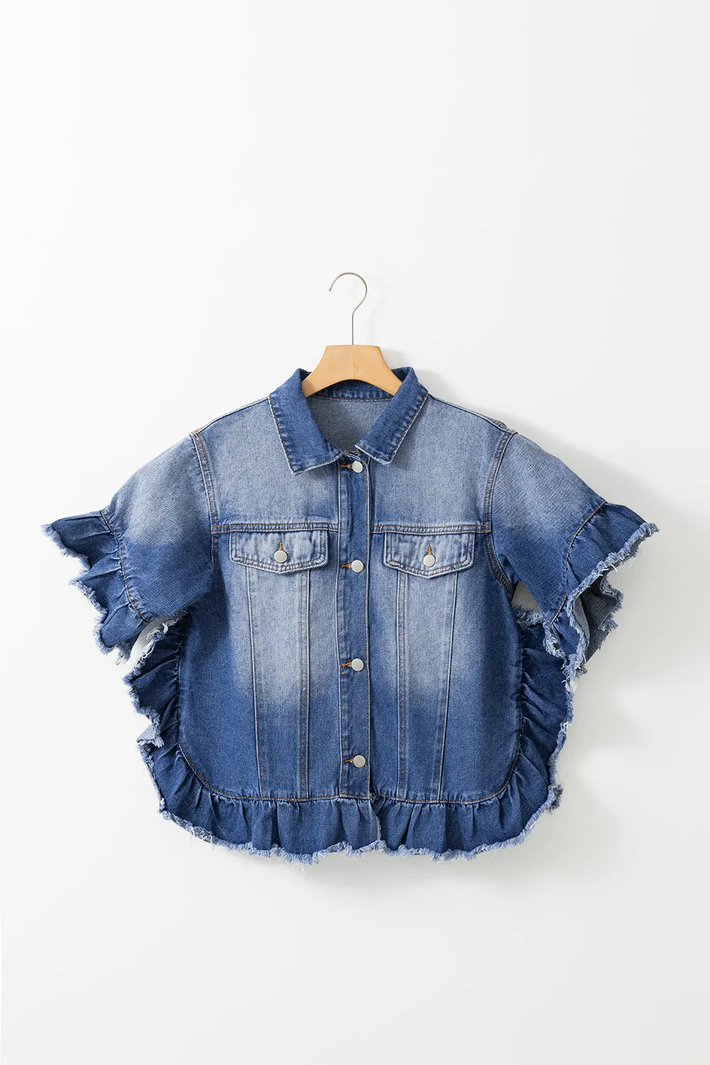 TEEK - Ruffled Raw Hem Half Sleeve Denim Top