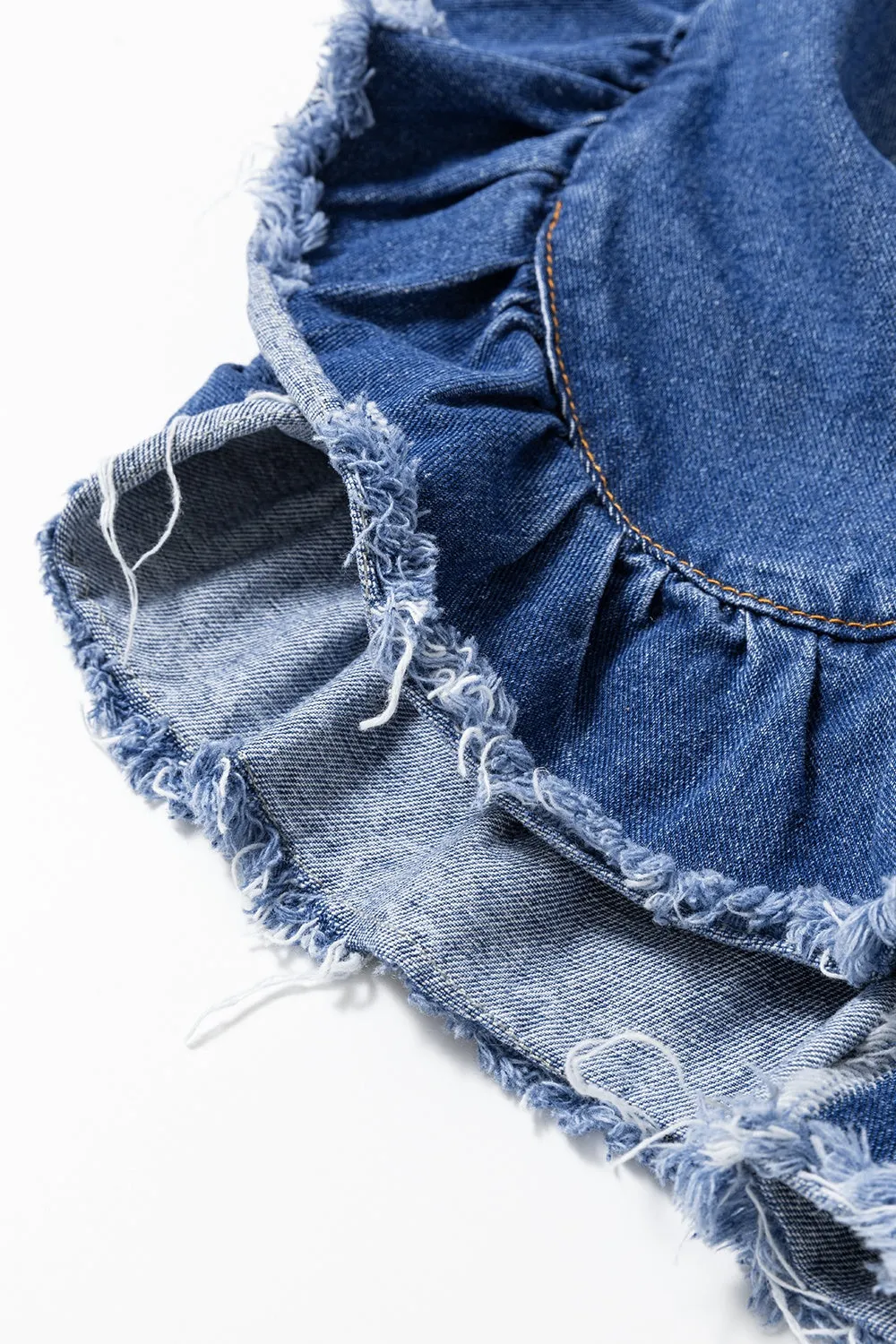 TEEK - Ruffled Raw Hem Half Sleeve Denim Top
