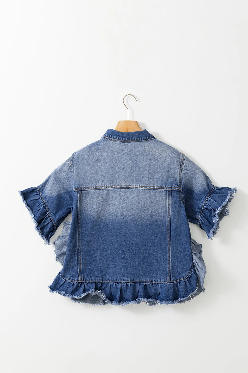 TEEK - Ruffled Raw Hem Half Sleeve Denim Top