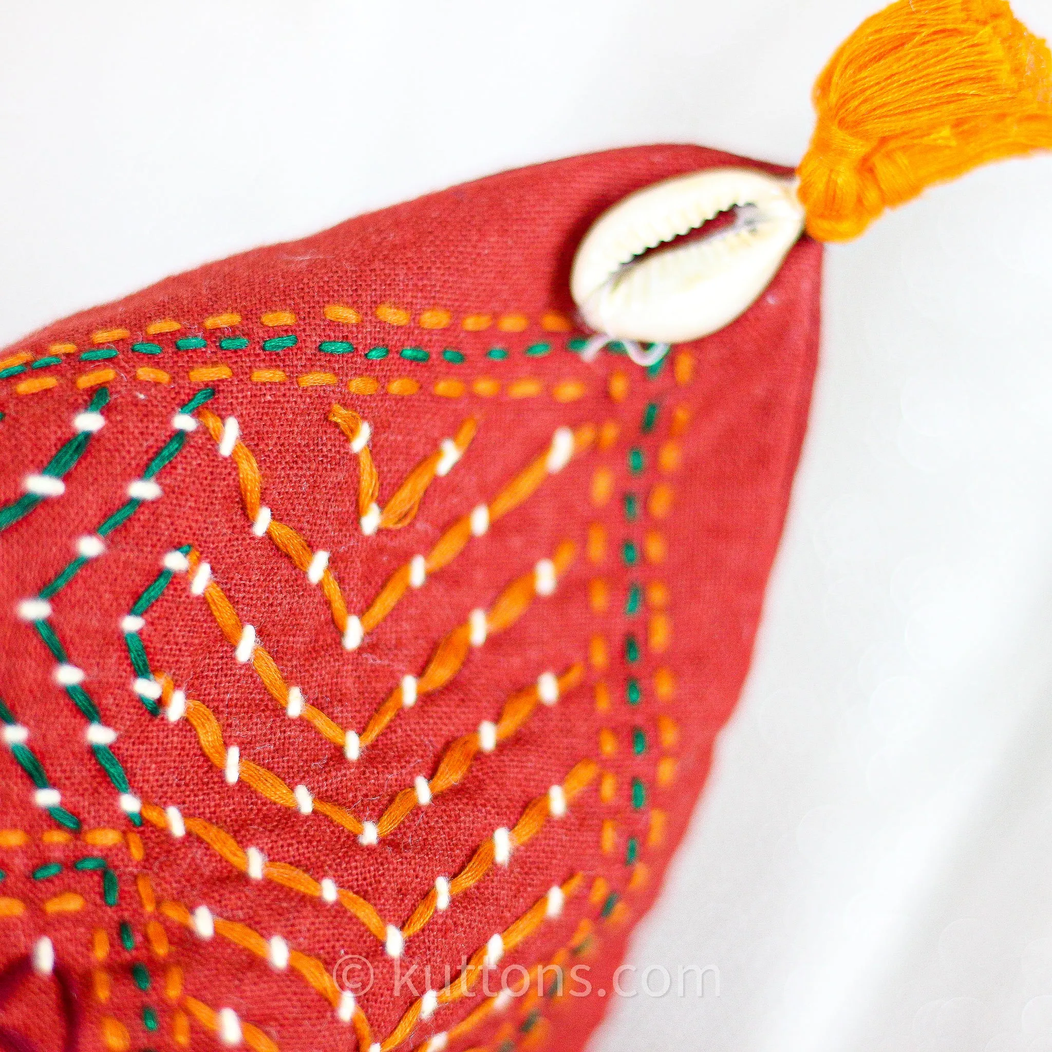 Tribal Lambani Hand Embroidered Cushion Cover - With Kodi Sea Shell Tassels | Banjara Decorative Throw Pillow, Carmine, 16x16"