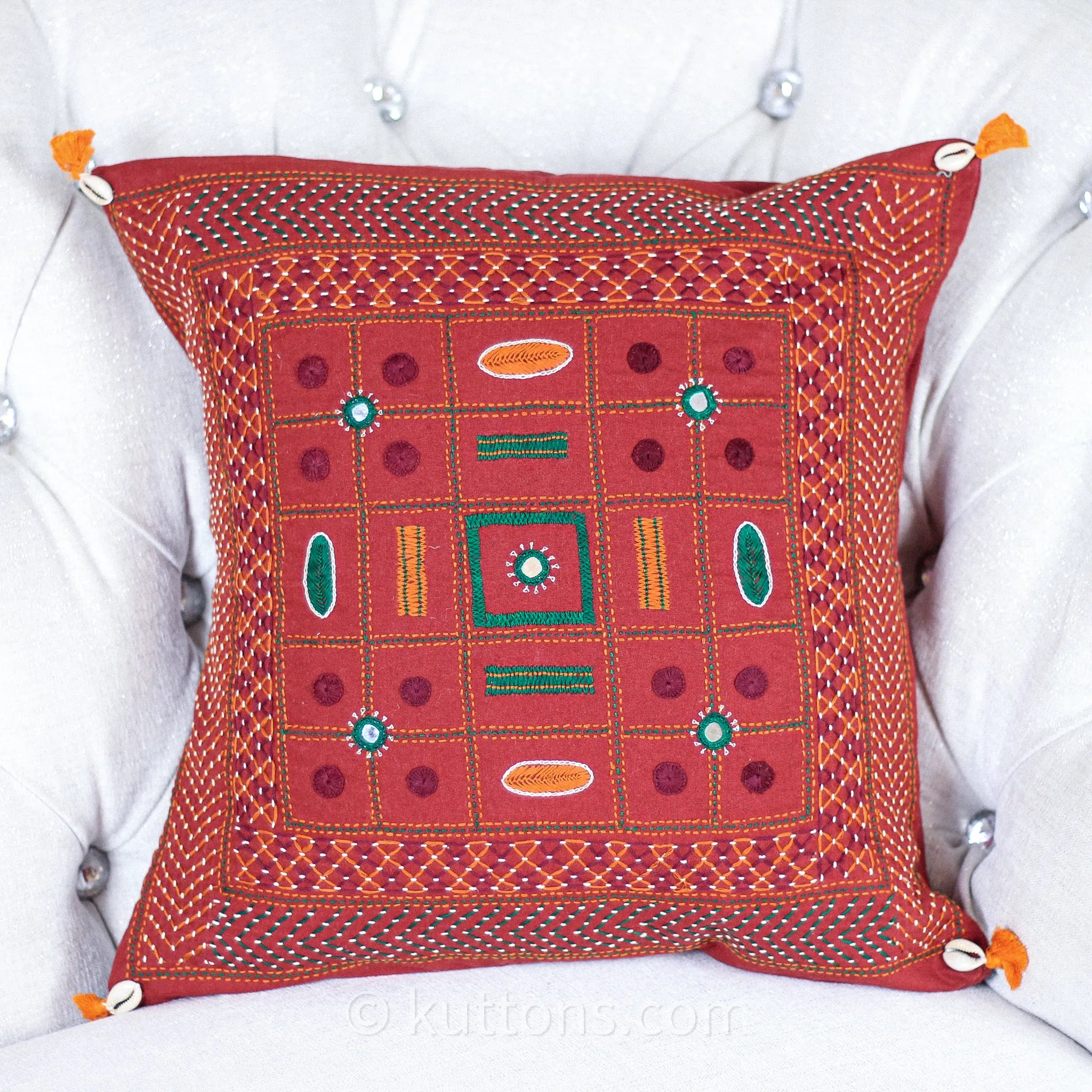 Tribal Lambani Hand Embroidered Cushion Cover - With Kodi Sea Shell Tassels | Banjara Decorative Throw Pillow, Carmine, 16x16"