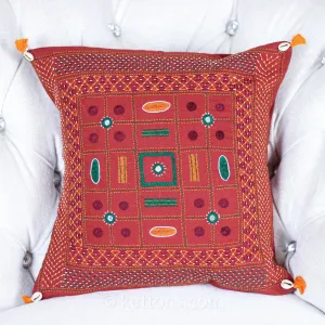 Tribal Lambani Hand Embroidered Cushion Cover - With Kodi Sea Shell Tassels | Banjara Decorative Throw Pillow, Carmine, 16x16"