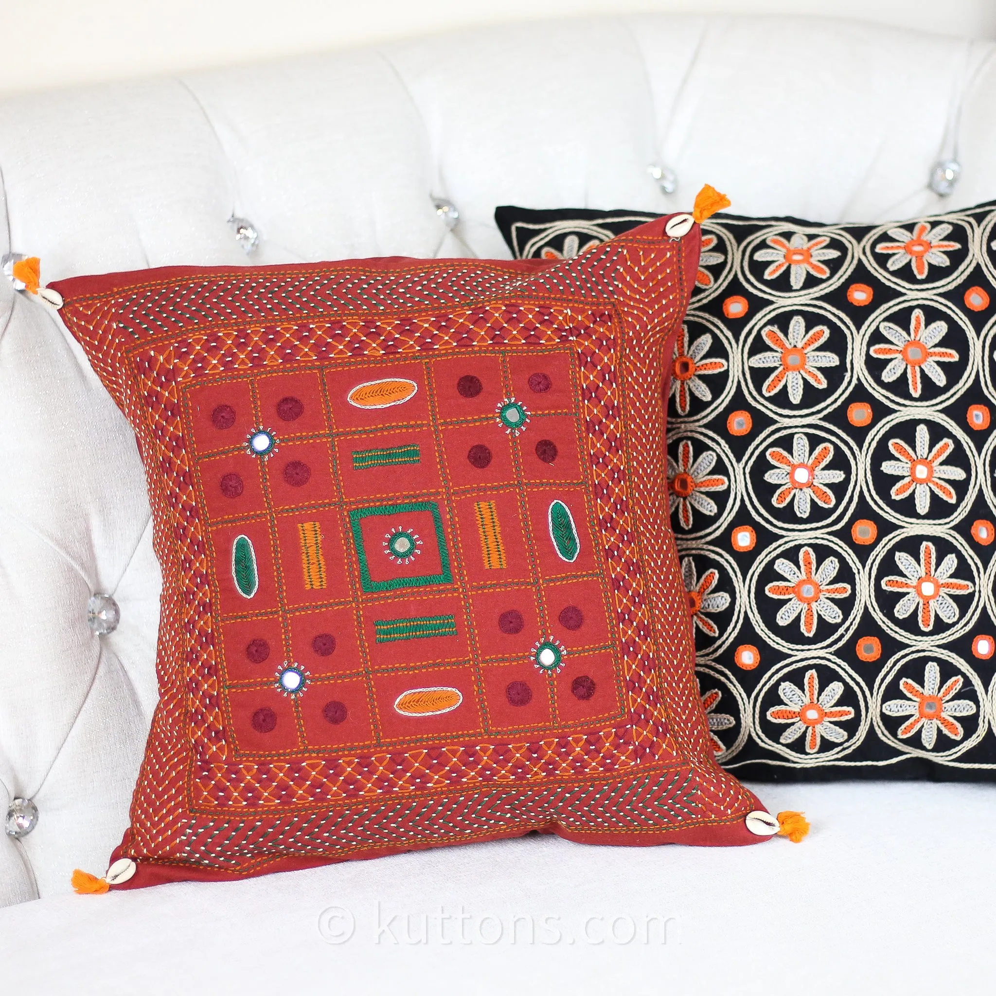 Tribal Lambani Hand Embroidered Cushion Cover - With Kodi Sea Shell Tassels | Banjara Decorative Throw Pillow, Carmine, 16x16"