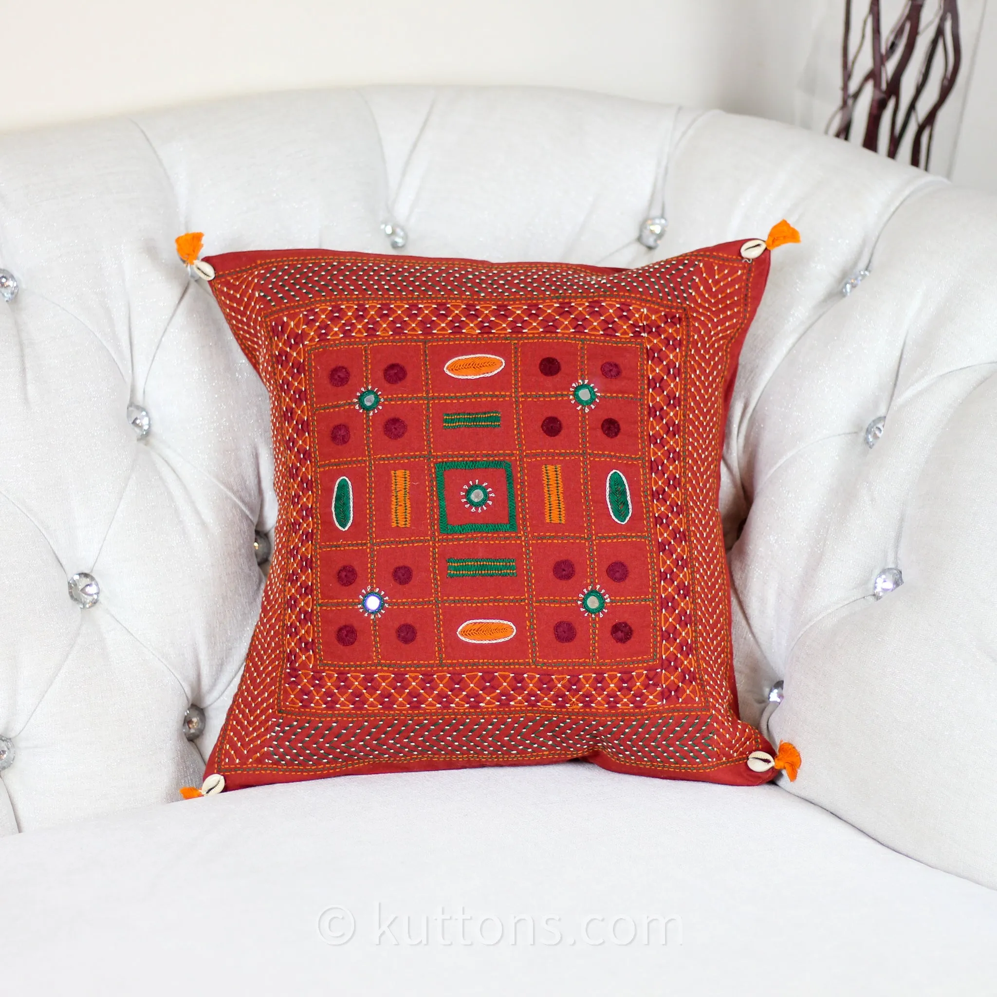 Tribal Lambani Hand Embroidered Cushion Cover - With Kodi Sea Shell Tassels | Banjara Decorative Throw Pillow, Carmine, 16x16"