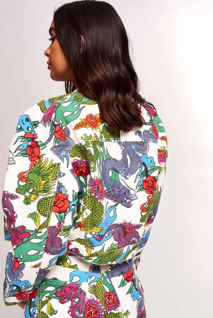 White Dragon Print Denim Jacket