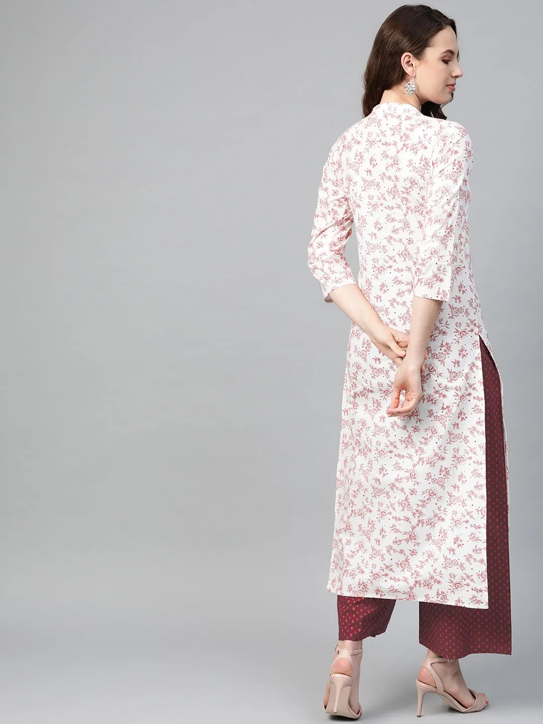 Women Off White & Red Straight Floral Printed Kurta And Palazzos Set