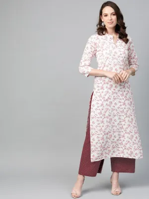 Women Off White & Red Straight Floral Printed Kurta And Palazzos Set