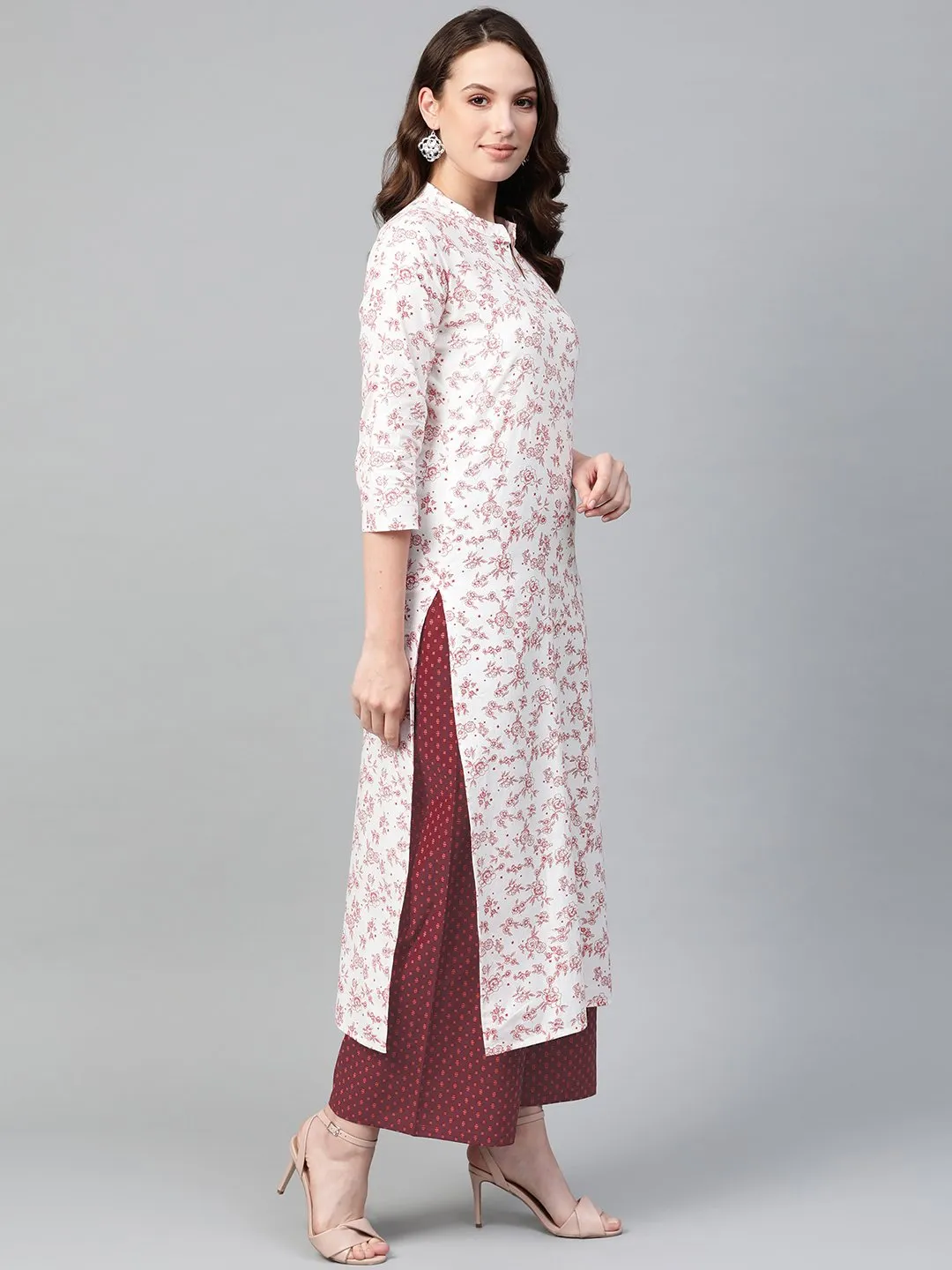 Women Off White & Red Straight Floral Printed Kurta And Palazzos Set