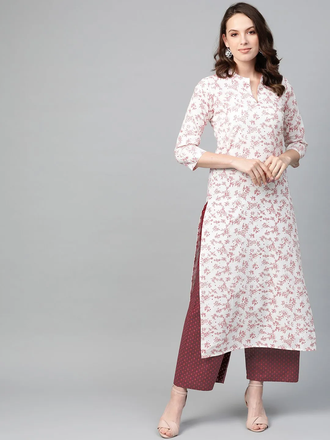 Women Off White & Red Straight Floral Printed Kurta And Palazzos Set