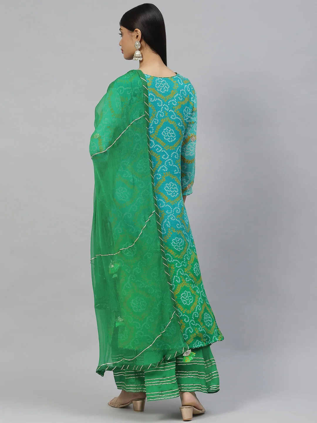 Women Pure Chinon Rama Green Bandhani Printed Kurta Sharara Set With Dupatta