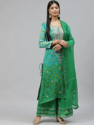 Women Pure Chinon Rama Green Bandhani Printed Kurta Sharara Set With Dupatta