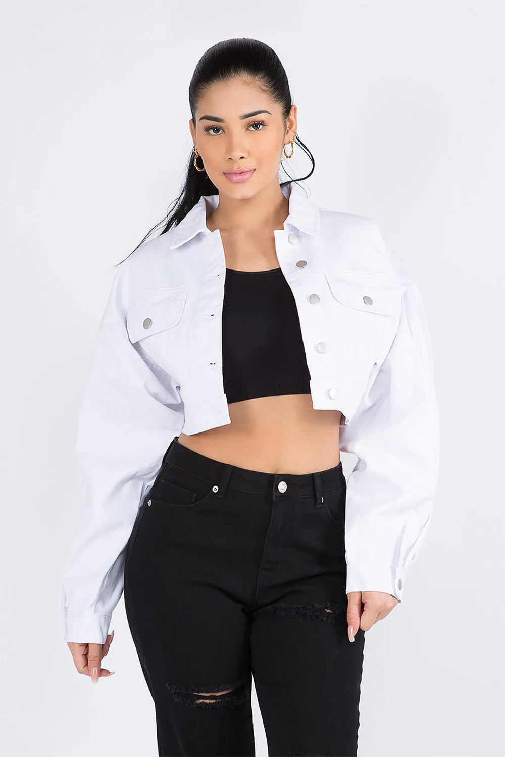 Women's Balloon Sleeve Cropped Denim Jacket